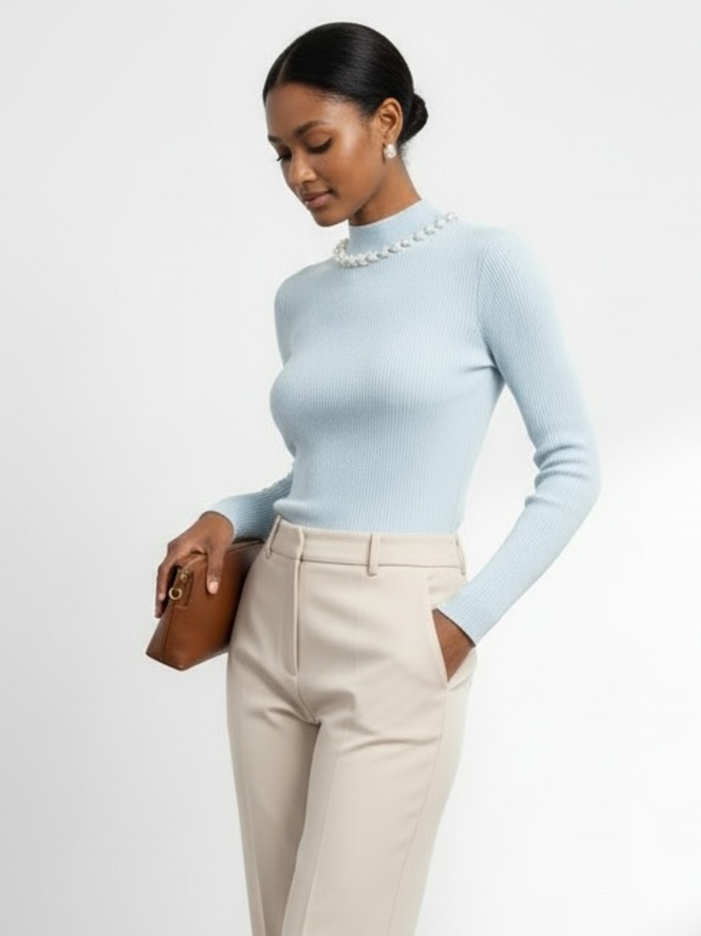 1654 • Blue Viscose Blend Ribbed Long Sleeve Mock Neck w/Pearl Strand Detail - Picture 1 of 10